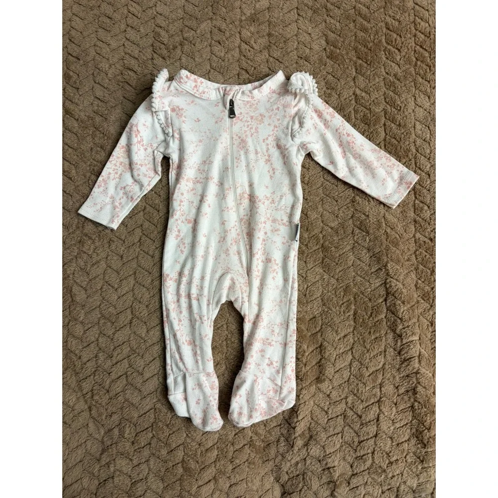 Badgley Mischka Footed Sleeper 0-3M Pink Floral Ruffle Pom Pom Zip Up Romper